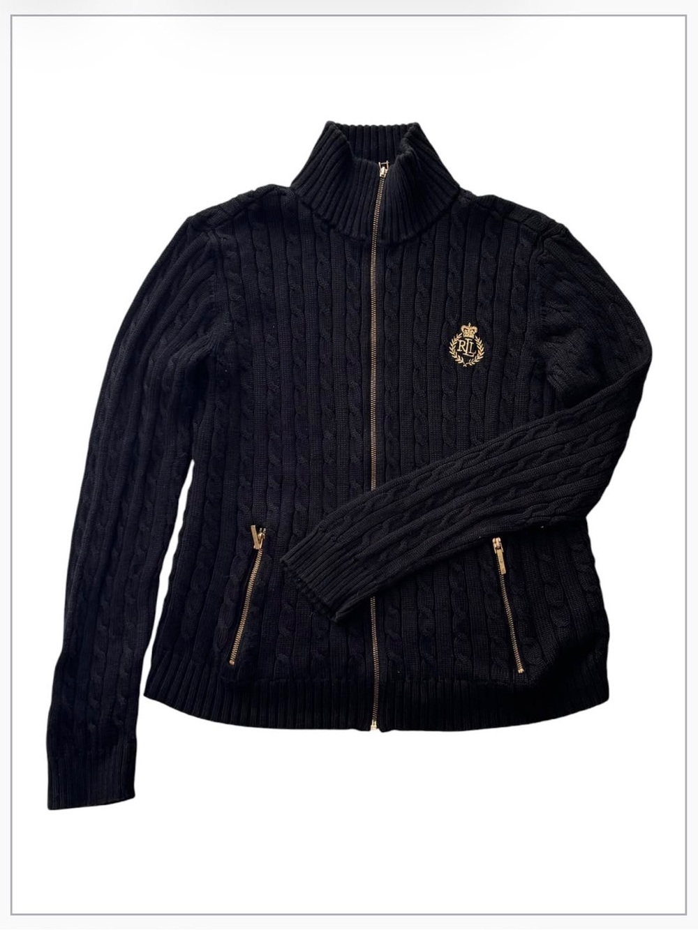 Lauren Ralph Lauren Black Cable Knit Full Zip Sweater Womens S Gold Crest Logo - Picture 3 of 8